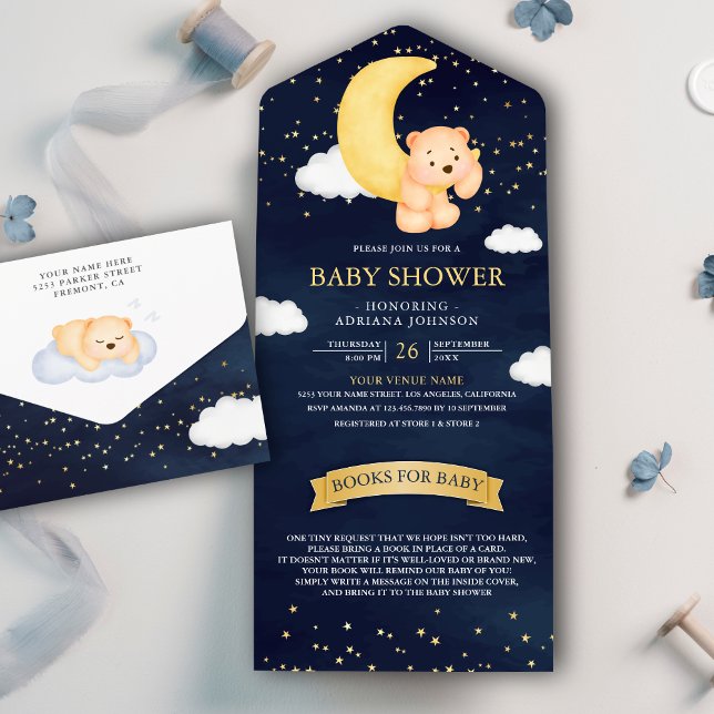 Crescent Moon Navy Blue Teddy Bear Baby Shower All In One Invitation (Creator Uploaded)