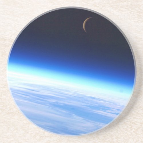 Crescent Moon Over A Bright Blue Glowing Earth Sandstone Coaster