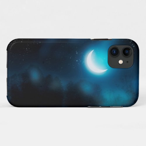 Crescent moon over forest river iPhone 11 case