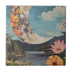 Crescent Moon Over Serene Landscape Ceramic Tile
