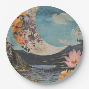 Crescent Moon Over Serene Landscape Paper Plates