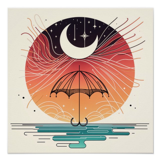 Crescent Moon Over Umbrella with Star Rain Poster (Front)
