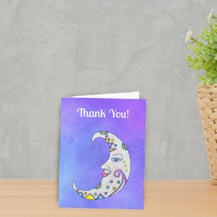 Crescent Moon Pretty Face Bright Colours Purple Letterpress Thank You Card