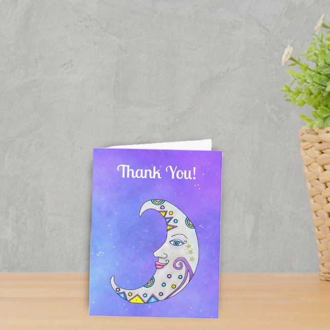 Crescent Moon Pretty Face Bright Colours Purple Thank You Card (Pretty fantasy crescent moon with face abstract colourful decorations on purple thank you card.)
