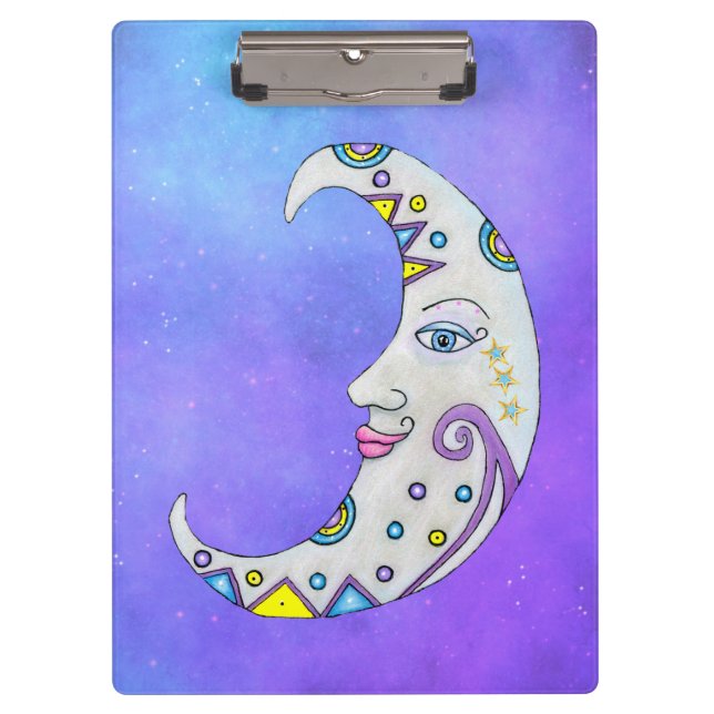 Crescent Moon Pretty Face Colorful Markings Purple Clipboard (Front)