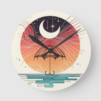 Crescent Moon Rain Boho Line Art Round Clock