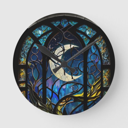 Crescent Moon Stained Glass Round Clock