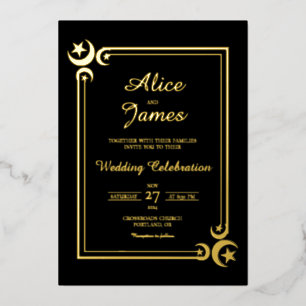 Crescent Moon Star Elegant Black Gold Foil Wedding Invitation