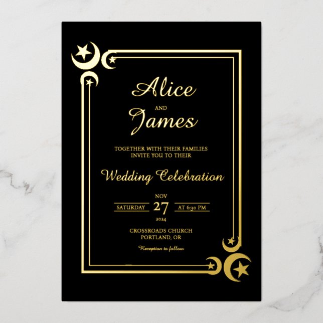 Crescent Moon Star Elegant Black Gold Foil Wedding Invitation (Front)