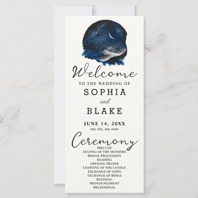 Crescent Moon Starlit Sky Cream Wedding Program (Front)