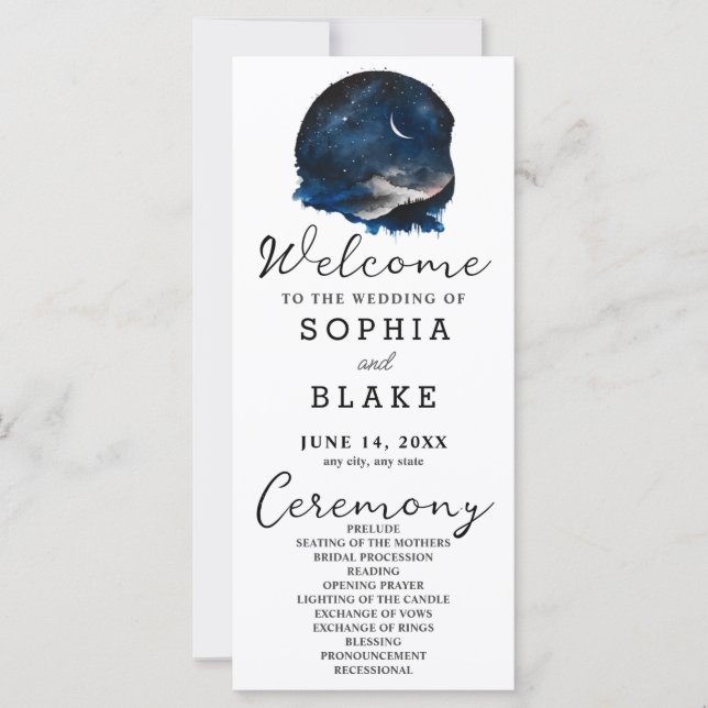 Crescent Moon Starlit Sky White Wedding Program (Front)