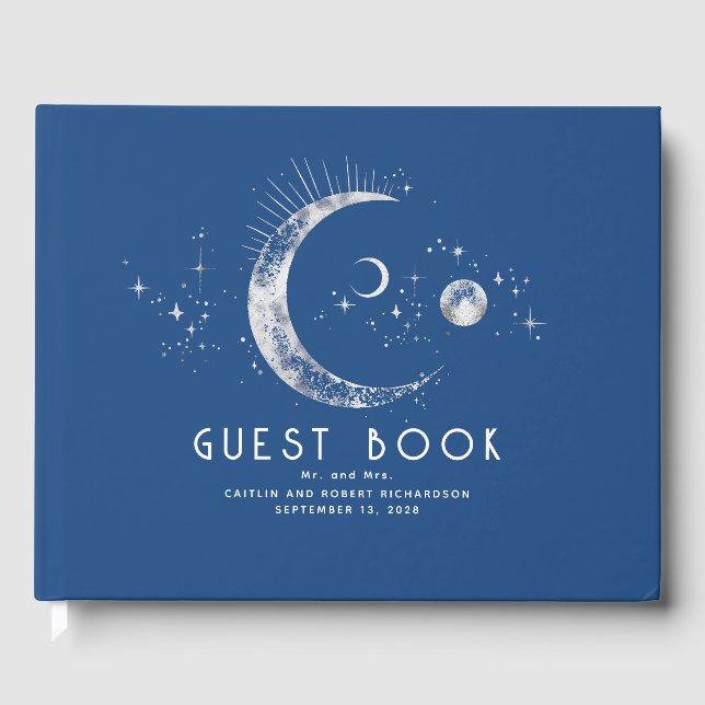 Crescent Moon Starry Night Celestial Wedding Guest Book (Front)