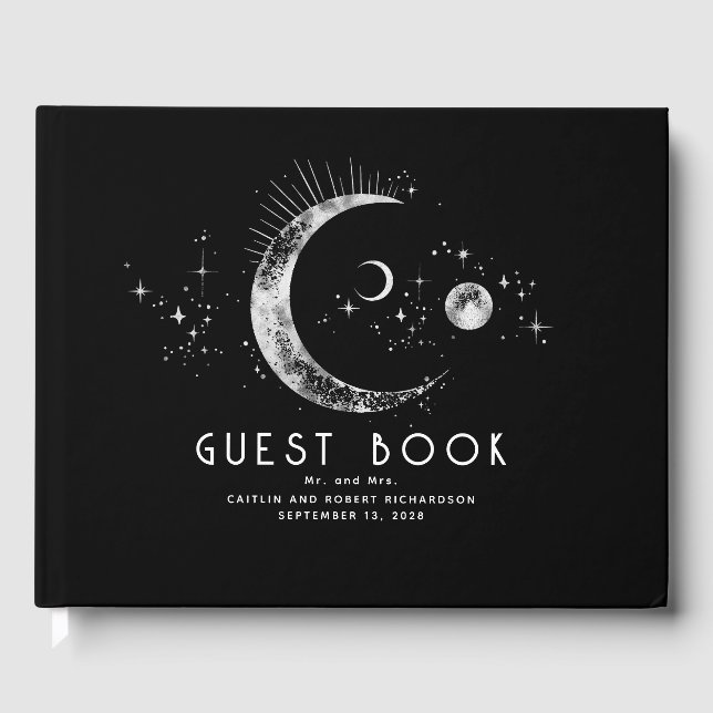 Crescent Moon Starry Night Celestial Wedding Guest Book (Front)