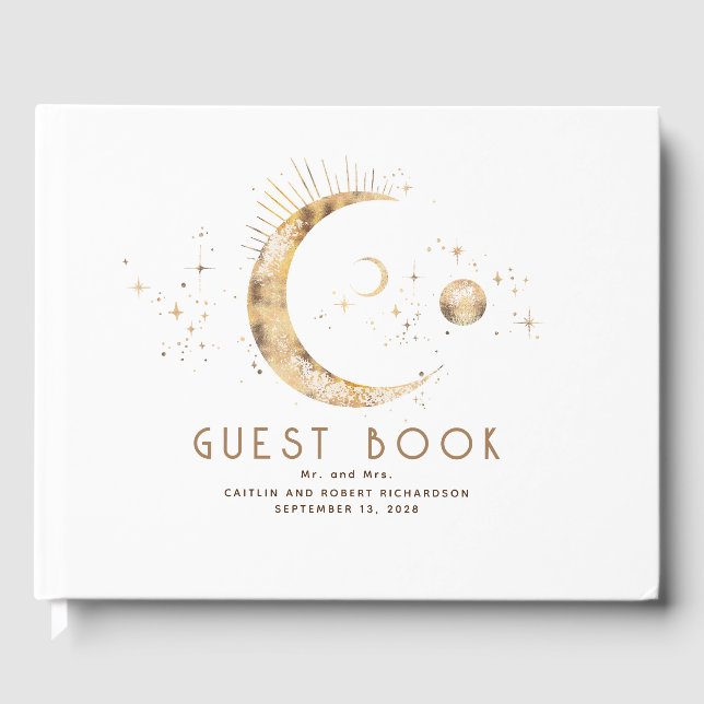 Crescent Moon Starry Night Celestial Wedding Guest Book (Front)