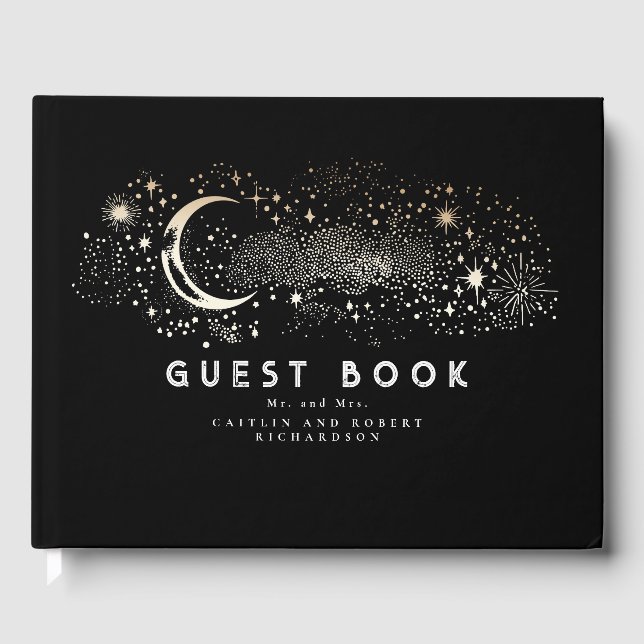 Crescent Moon Starry Night Celestial Wedding Guest Book (Front)