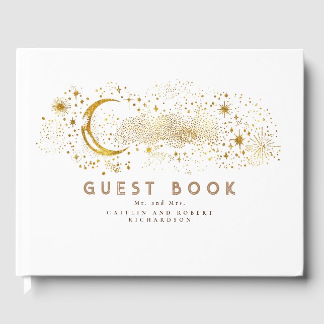 Crescent Moon Starry Night Celestial Wedding Guest Book (Front)