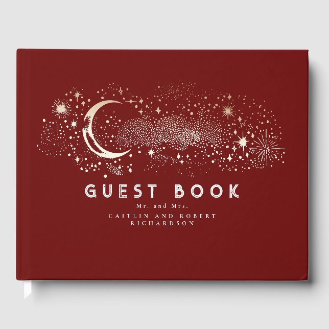 Crescent Moon Starry Night Celestial Wedding Guest Book (Front)