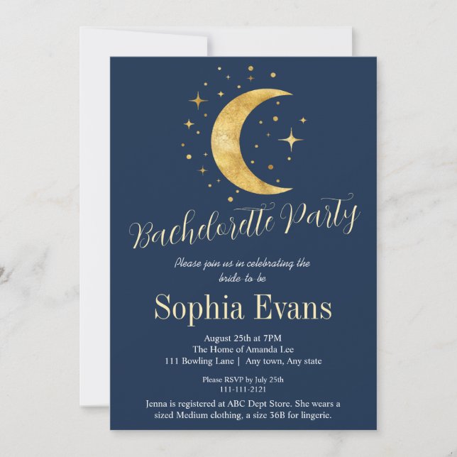 Crescent Moon Starry Night Navy Bachelorette Party Invitation (Front)