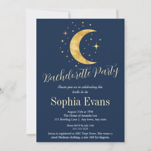 Crescent Moon Starry Night Navy Bachelorette Party Invitation