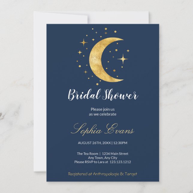 Crescent Moon Starry Night Navy Blue Bridal Shower Invitation (Front)