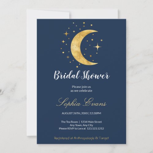 Crescent Moon Starry Night Navy Blue Bridal Shower Invitation