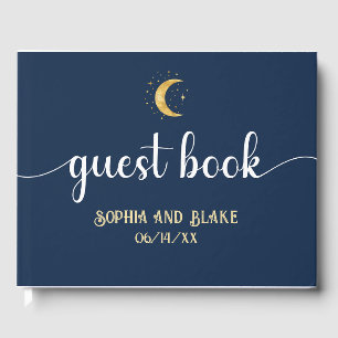 Crescent Moon Starry Night Navy Blue Wedding Guest Book