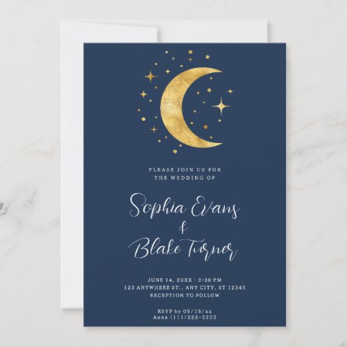 Crescent Moon Starry Night Navy Blue Wedding Invitation
