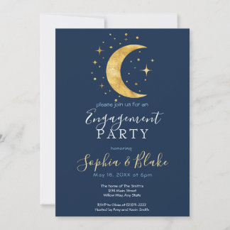 Crescent Moon Starry Night Navy Engagement Party Invitation