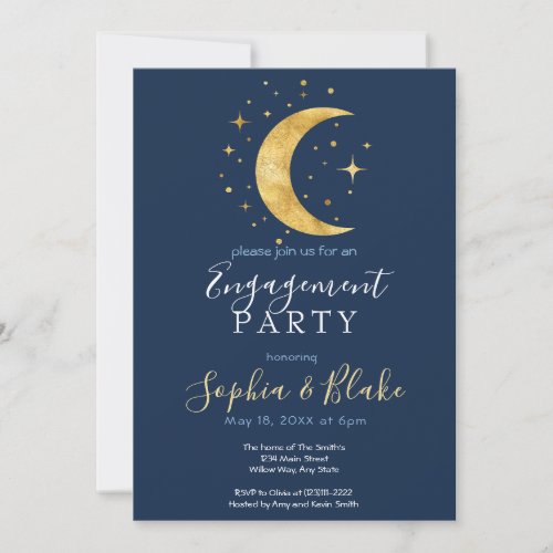 Crescent Moon Starry Night Navy Engagement Party Invitation