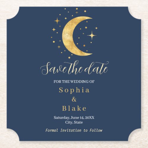 Crescent Moon Starry Night Navy Save the Date Paper Coaster