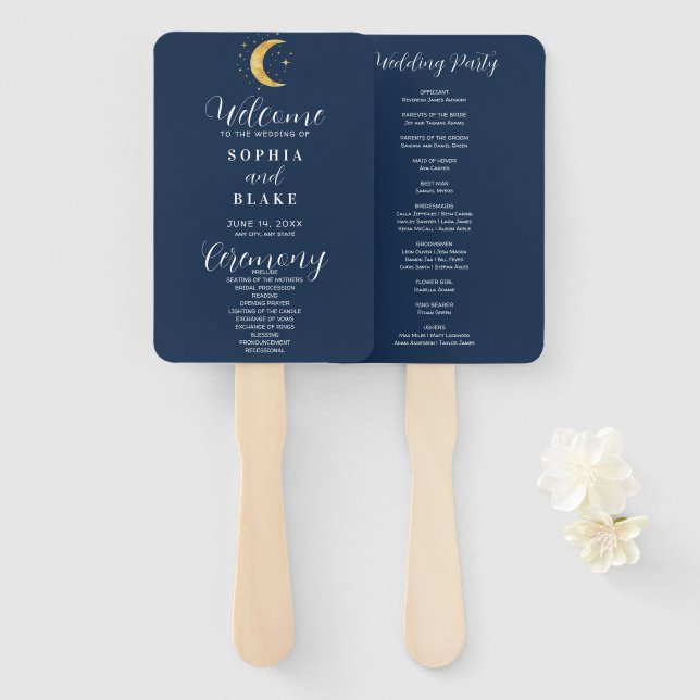 Crescent Moon Starry Night Navy Wedding Program Hand Fan (Front and Back)