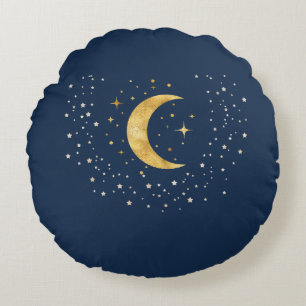 Crescent Moon Starry Night  Round Pillow