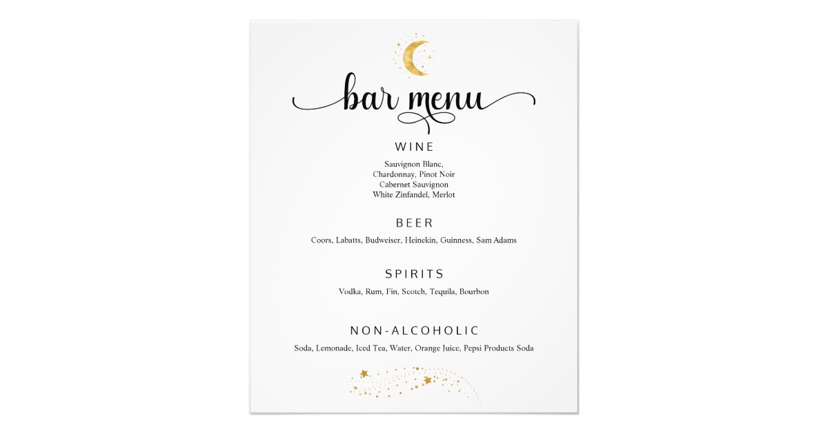 Crescent Moon Starry Night Wedding Bar Menu Poster | Zazzle