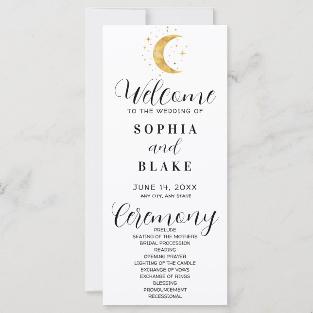 Crescent Moon Starry Night White Wedding Program (Front)