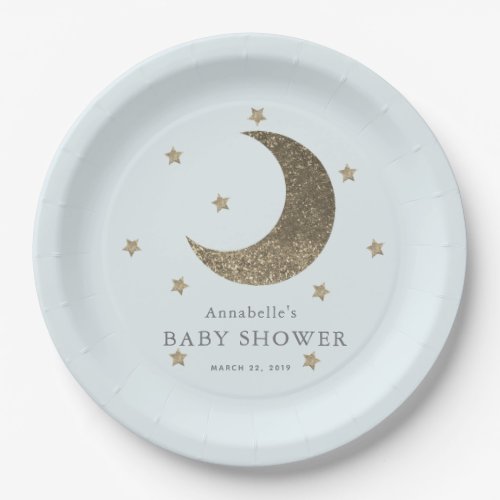 Crescent Moon  Stars Blue Baby Shower Paper Plate
