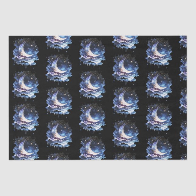 Crescent Moon Stars Celestial Black Halloween Tissue Paper (Front)