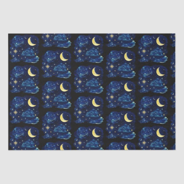 Crescent Moon Stars Celestial Black Halloween Tissue Paper (Front)