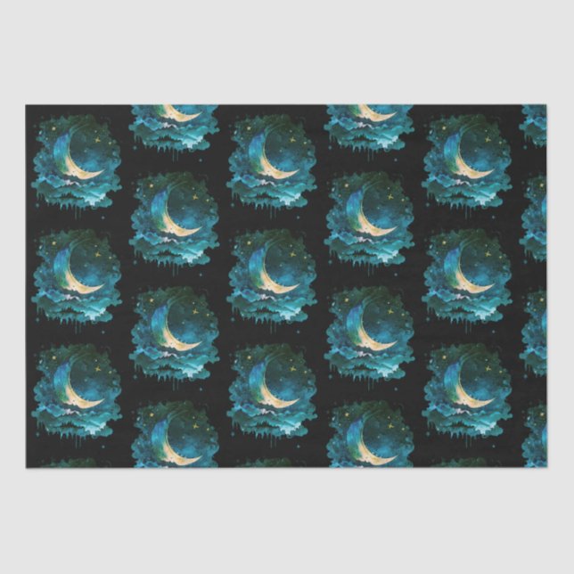 Crescent Moon Stars Celestial Black Halloween Tissue Paper (Front)