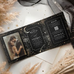 Crescent Moon Stars Celestial Black Wedding Photo Tri-Fold Invitation<br><div class="desc">This enchanting black tri-fold wedding invitation beautifully blends personal photographs with a whimsical celestial theme - like "Under the Stars, " "To the Moon and Back, " or "Written in the Stars." It offers a seamless integration of your wedding invitation, details, and RSVP in one elegant package. You can even...</div>