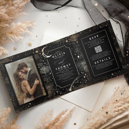 Crescent Moon Stars Celestial Black Wedding Photo Tri_Fold Invitation