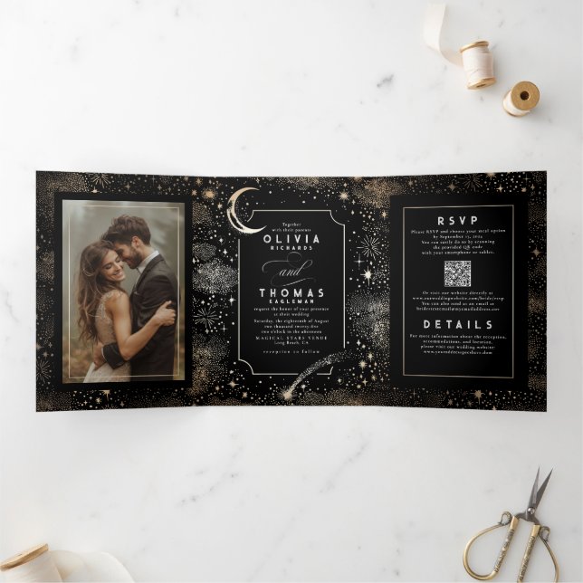 Crescent Moon Stars Celestial Black Wedding Photo Tri-Fold