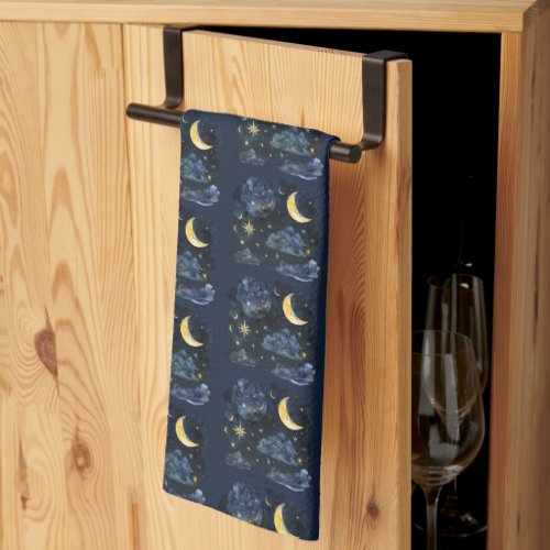 Crescent Moon Stars Celestial Blue Halloween Kitchen Towel
