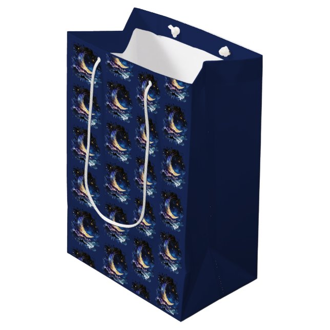 Crescent Moon Stars Celestial Blue Halloween Medium Gift Bag (Front Angled)