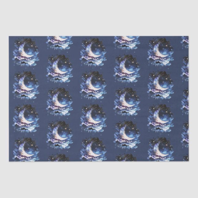 Crescent Moon Stars Celestial Blue Halloween Tissue Paper (Front)