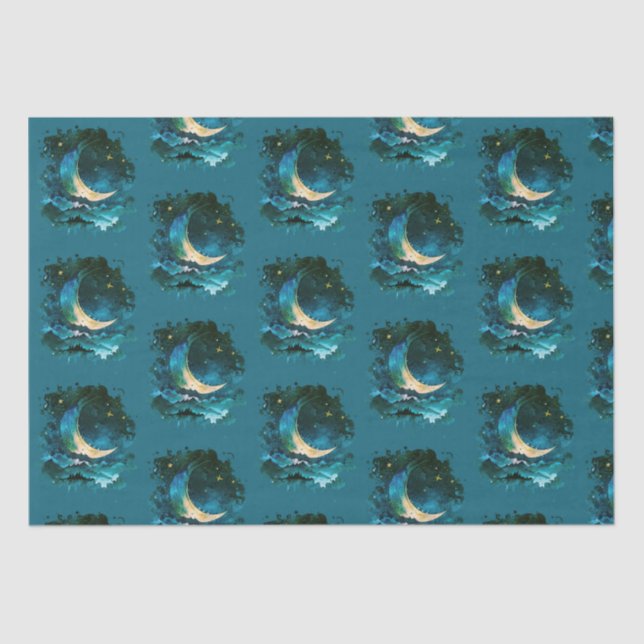 Crescent Moon Stars Celestial Blue Halloween Tissue Paper (Front)