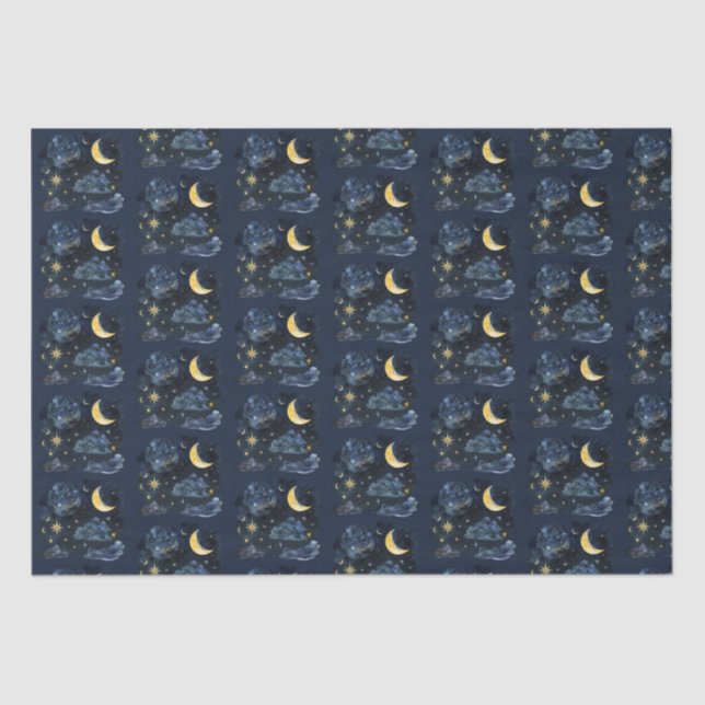 Crescent Moon Stars Celestial Blue Halloween Tissue Paper (Front)