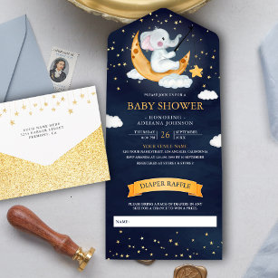 Crescent Moon Stars Elephant Navy Blue Baby Shower All In One Invitation