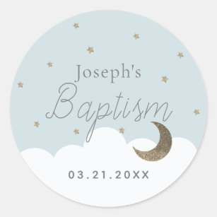 Crescent Moon & Stars Light Blue Boy Baptism Classic Round Sticker