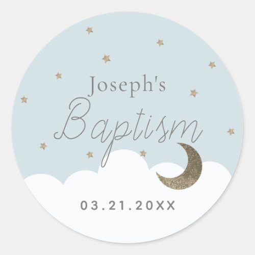 Crescent Moon  Stars Light Blue Boy Baptism Classic Round Sticker