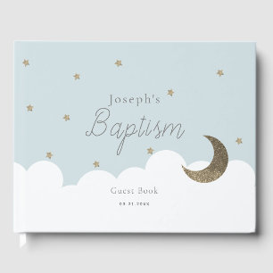 Crescent Moon & Stars Light Blue Boy Baptism Guest Book